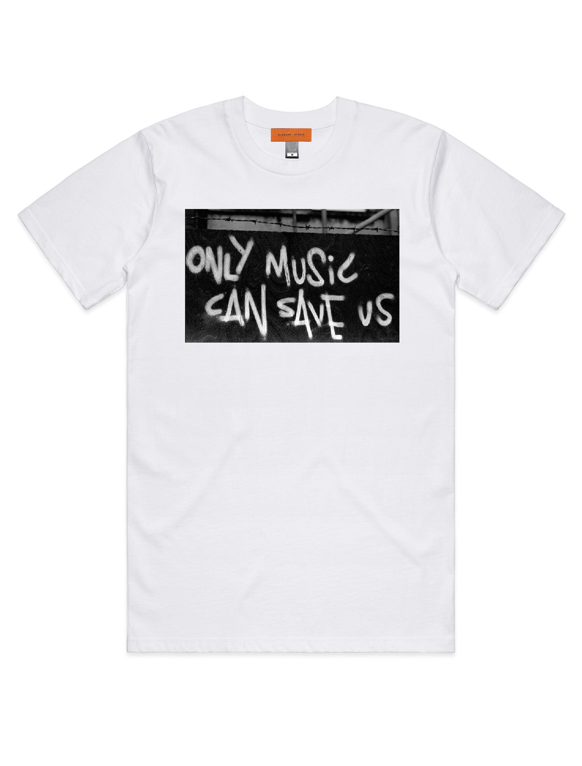 ONLY MUSIC CAN SAVE US white graphic t-shirt