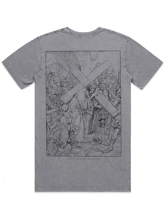 THE CROSS graphic grey stone wash t-shirt